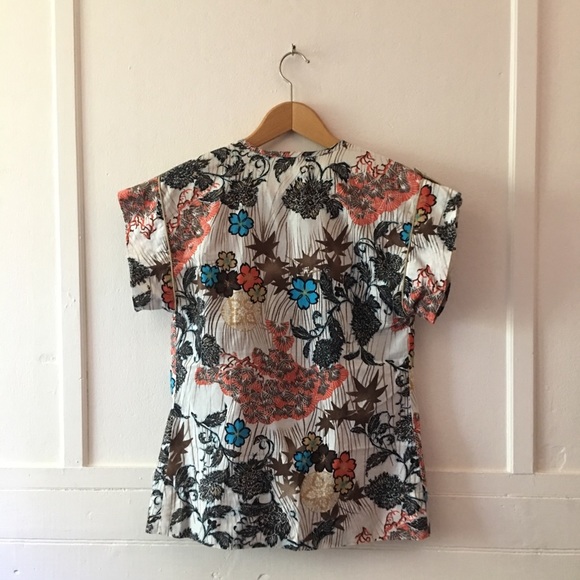 Hawaiian Floral Boho Gold Trim Pleated Yoke A-Line Boho Chic Blouse Billtornade - Picture 4 of 9